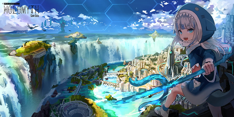 Gawr Gura in Shark Hoodie Wielding Trident Over Waterfall Cityscape HD wallpaper