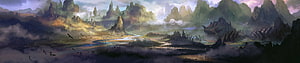 Misty Fantasy Valley with Winding River and Towering Rock Formations HD wallpaper