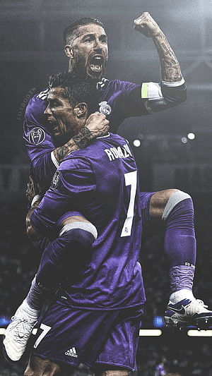 Cristiano Ronaldo and Sergio Ramos Celebrating in Real Madrid Purple Away Kit HD phone wallpaper