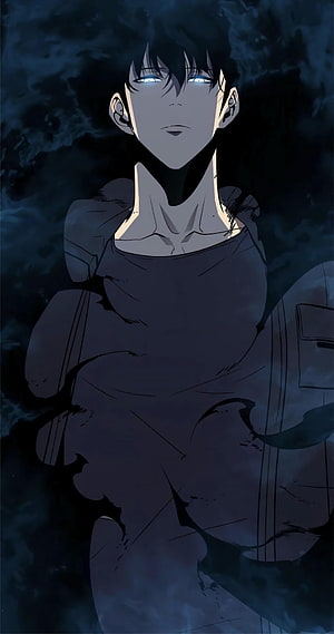 Solo Leveling Anime Character with Glowing Eyes in Dark Tattered Clothing HD phone wallpaper