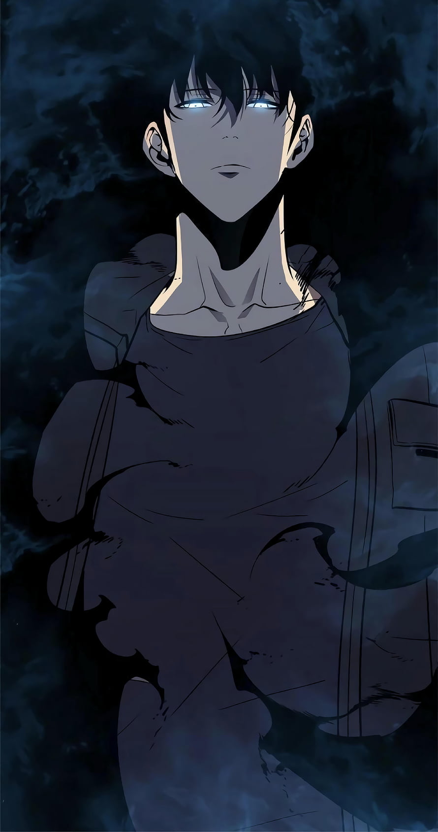Solo Leveling Anime Character with Glowing Eyes in Dark Tattered Clothing HD phone wallpaper