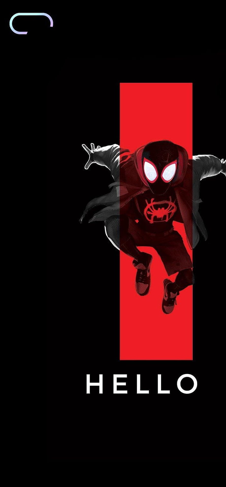 Miles Morales Spider-Man in Black Suit Leaping Against Red and Black Background HD phone wallpaper