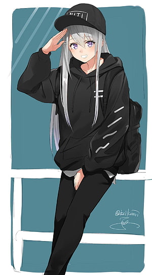 Silver-Haired Anime Girl in Black Hoodie and Cap Saluting HD phone wallpaper