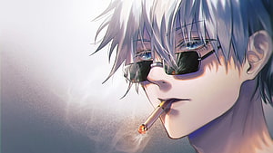 Satoru Gojo from Jujutsu Kaisen smoking a cigarette with sunglasses in a moody anime portrait HD wallpaper