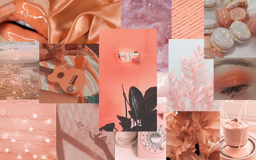 Peach and Pink Aesthetic Collage Featuring Neon Sign, Macarons, and Soft Textures HD wallpaper