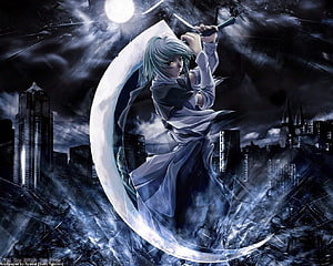 Anime warrior girl wielding a massive crescent blade against a dark city skyline HD wallpaper