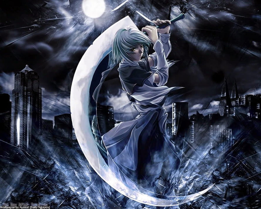 Anime warrior girl wielding a massive crescent blade against a dark city skyline HD wallpaper