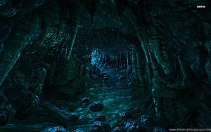 Dark Fantasy Cave Interior With Glowing Stream And Mossy Rock Formations HD wallpaper