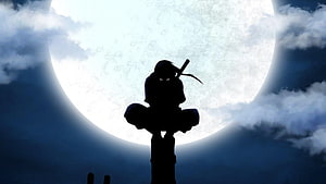 Itachi Uchiha Silhouette Perched on a Pole Against a Glowing Full Moon HD wallpaper
