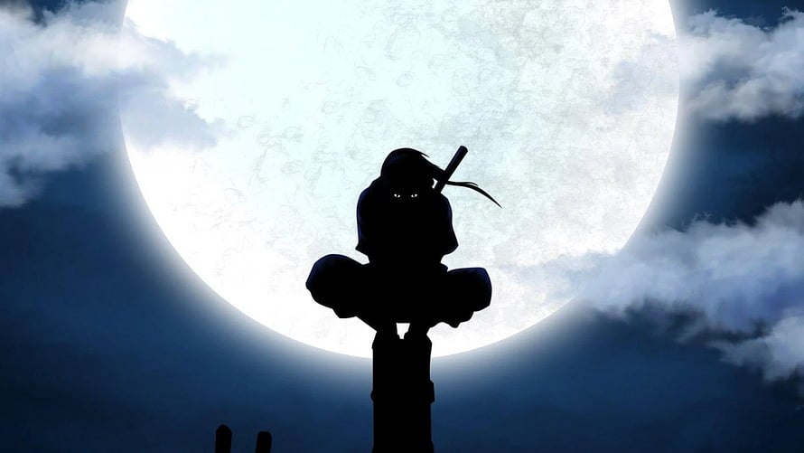 Itachi Uchiha Silhouette Perched on a Pole Against a Glowing Full Moon HD wallpaper