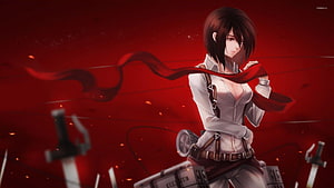 Mikasa Ackerman in Survey Corps Gear with ODM Blades Against a Crimson Sky HD wallpaper