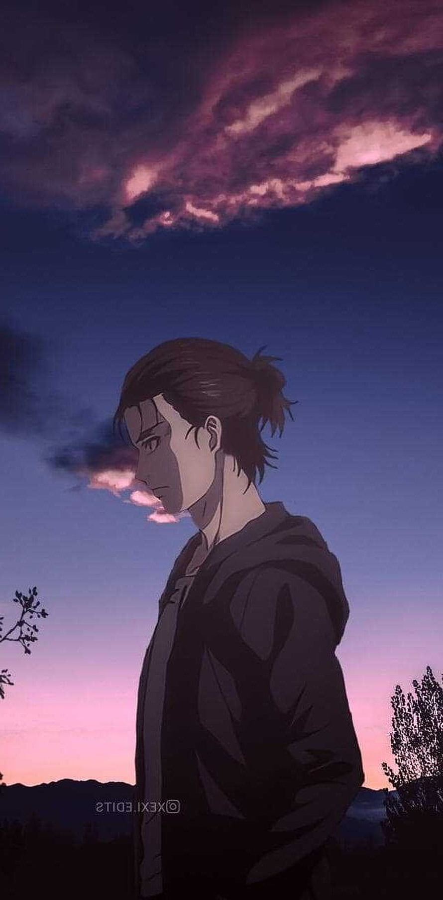 Eren Yeager anime character in profile against a dramatic twilight sky with purple clouds HD phone wallpaper
