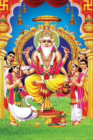 Lord Vishwakarma Seated on Lotus Throne with White Swan and Devotees in Traditional Indian Temple Art HD phone wallpaper