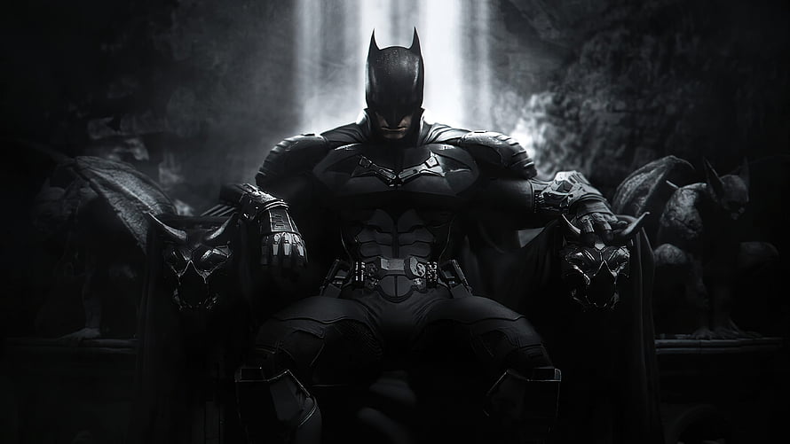 Batman Seated in the Batcave with Bats and Dramatic Light Beams HD wallpaper