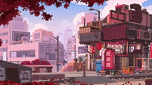 Pixel Art Japanese Cityscape with Autumn Maple Leaves and Retro Street Scene HD wallpaper