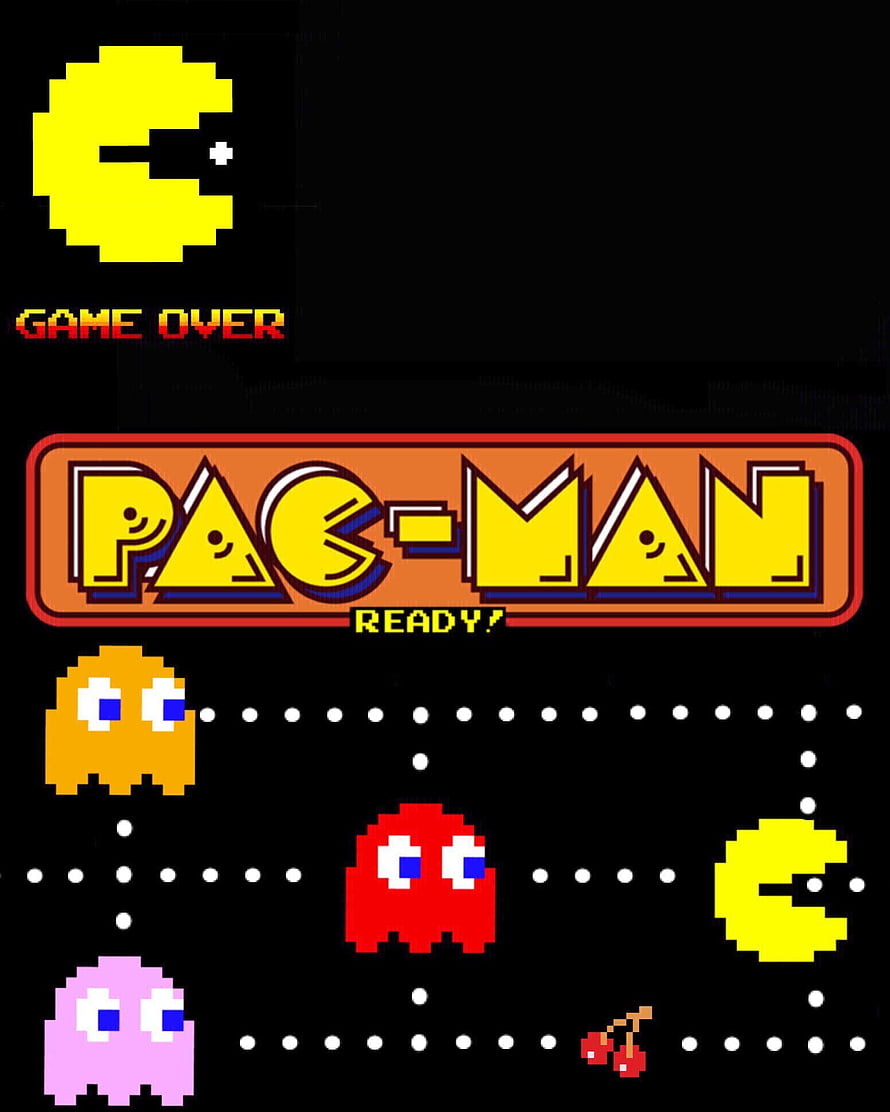 Pac-Man Arcade Game Over Screen with Classic Ghosts and Pixel Art Logo HD phone wallpaper