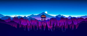 Firewatch Fire Tower at Dusk with Moonlit Mountain Range and Pine Forest HD wallpaper