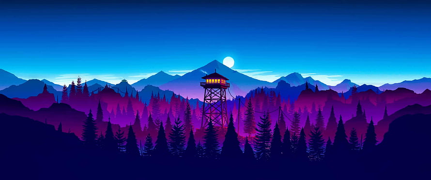 Firewatch Fire Tower at Dusk with Moonlit Mountain Range and Pine Forest HD wallpaper