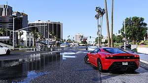Red Ferrari 458 Speciale on a Wet City Street with Palm Trees and Skyscrapers HD wallpaper