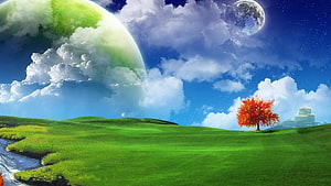 Surreal Fantasy Landscape with Giant Green Planet and Autumn Tree HD wallpaper