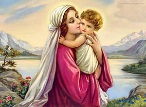 Virgin Mary and Baby Jesus in a Serene Mountain Landscape with Soft Pastel Tones HD wallpaper