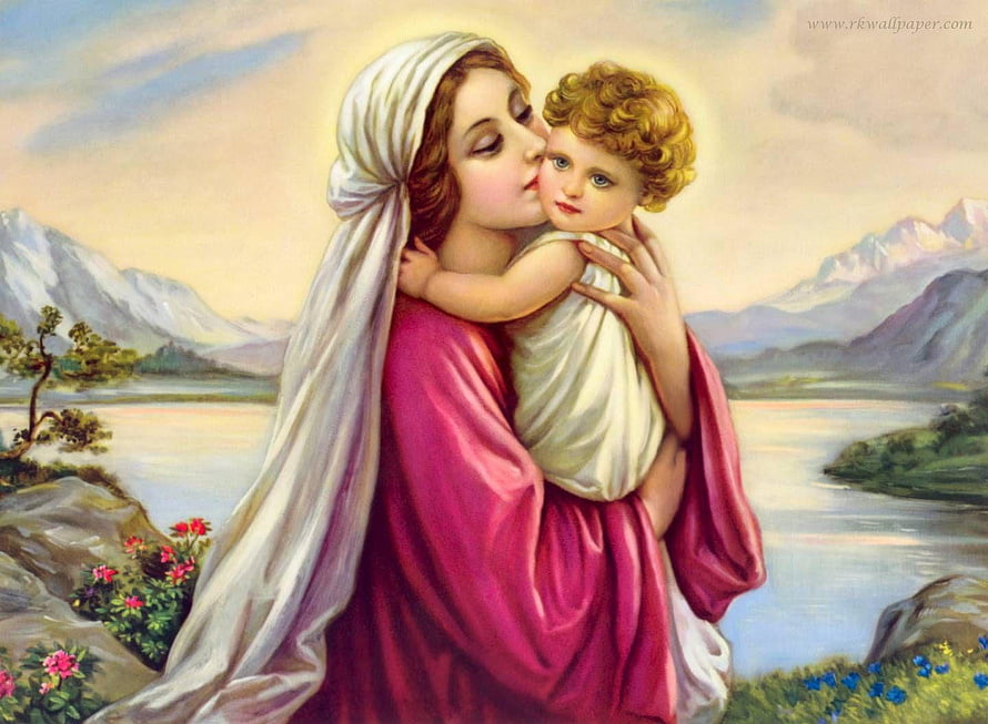 Virgin Mary and Baby Jesus in a Serene Mountain Landscape with Soft Pastel Tones HD wallpaper