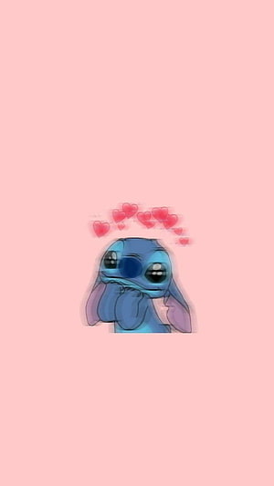 Stitch Thinking With Floating Hearts On Soft Pink Background HD phone wallpaper