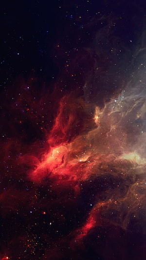 Vibrant Red and Orange Nebula Clouds in Deep Space with Scattered Stars HD phone wallpaper