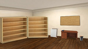 Minimalist Office Interior With Wooden Shelving Units And Cork Board HD wallpaper