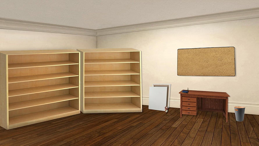 Minimalist Office Interior With Wooden Shelving Units And Cork Board HD wallpaper