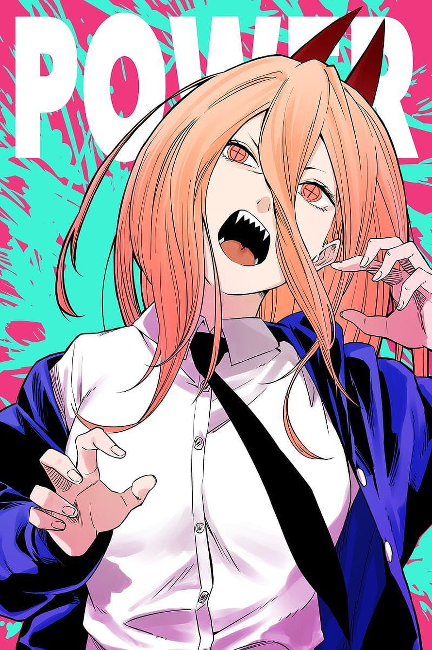 Power from Chainsaw Man in an aggressive manga-style illustration with sharp teeth and red eyes HD phone wallpaper