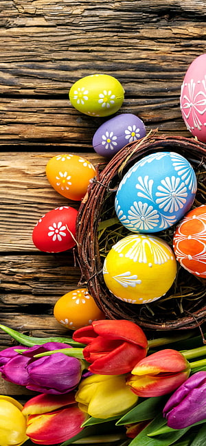 Colorful decorated Easter eggs in a twig nest with fresh tulips on rustic wooden planks HD phone wallpaper