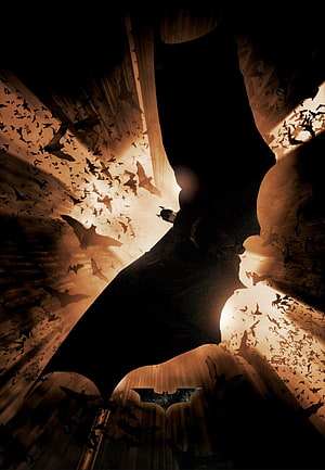 Batman Begins Movie Poster Featuring Dark Knight Silhouette and Swarming Bats HD phone wallpaper