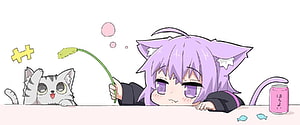 Kinka Chibi Anime Girl With Purple Hair Playing With A Cat HD wallpaper