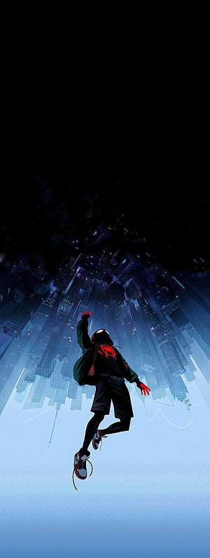 Miles Morales Falling Through a Futuristic City in Into the Spider-Verse Style HD phone wallpaper