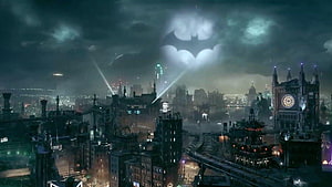Gotham City Night Skyline with Bat-Signal in Batman Arkham Knight, Batman Arkham Knight, gotham city HD wallpaper