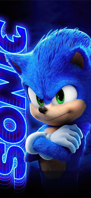 Sonic the Hedgehog 3D Character Portrait with Neon Blue Background and Confident Expression HD phone wallpaper