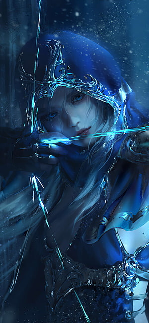 Ashe from League of Legends in a blue hooded cloak wielding a glowing ice bow in a snowy night scene HD phone wallpaper