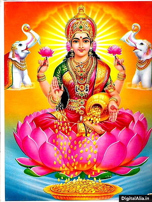 Goddess Lakshmi Seated on Lotus with Elephants and Gold Coins HD phone wallpaper
