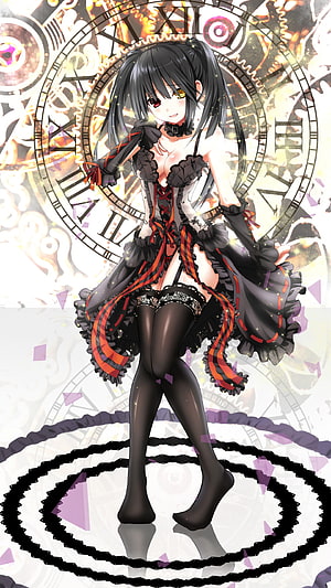 Tokisaki Kurumi from Date A Live in Gothic Lolita Dress with Clockwork Background HD phone wallpaper