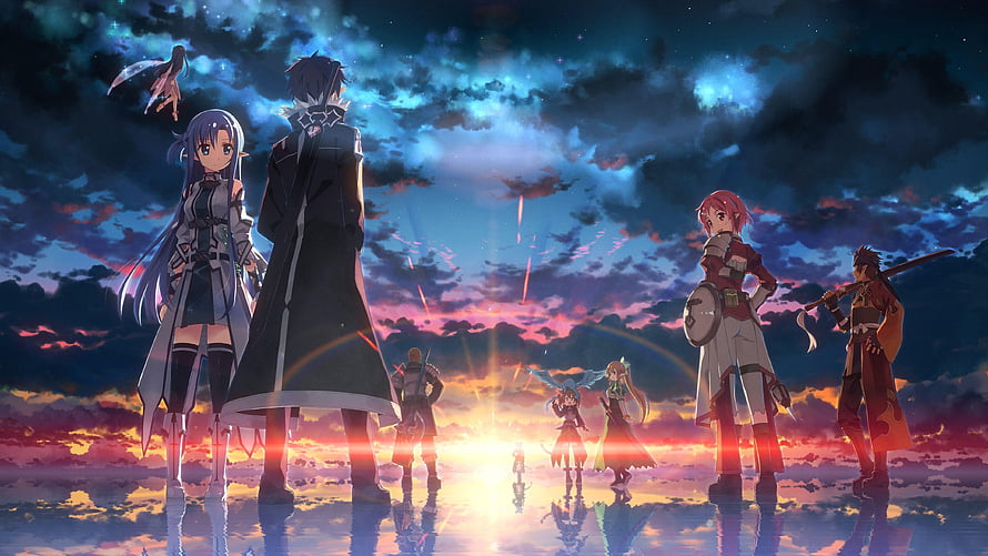 Sword Art Online Anime Group Standing on Reflective Surface at Sunset HD wallpaper