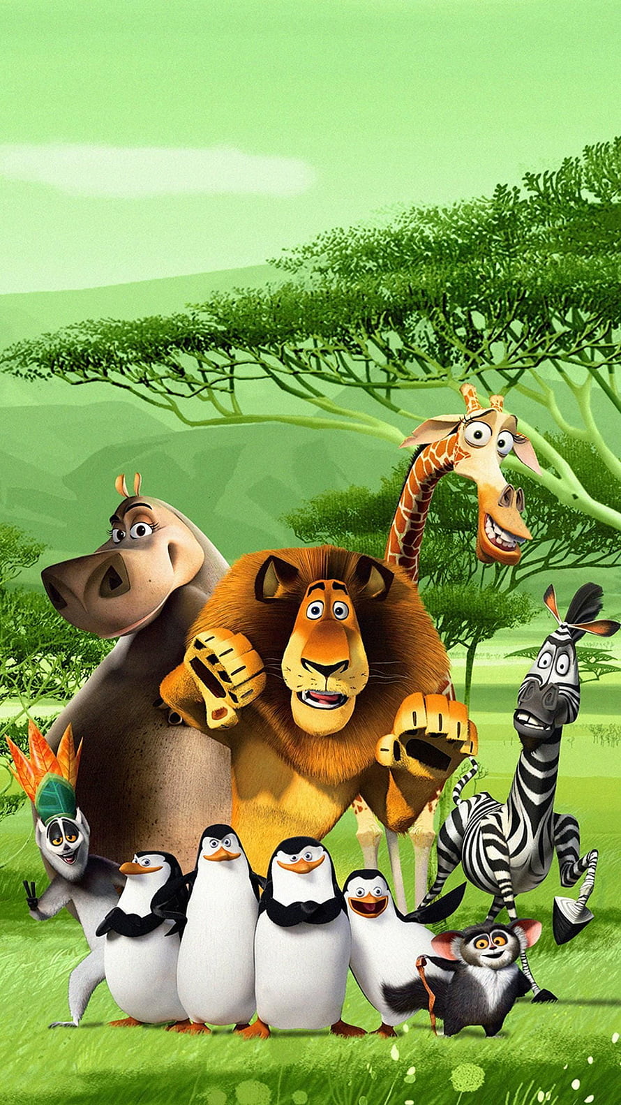 Madagascar Animated Movie Ensemble Cast Group Portrait in African Savanna Landscape HD phone wallpaper