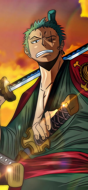 Roronoa Zoro Sheathing His Swords Against a Fiery Sunset in One Piece Anime Style HD phone wallpaper