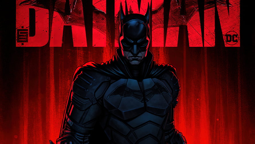 The Batman Movie Poster Artwork with Dark Red Background and DC Logo HD wallpaper