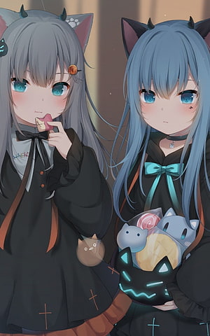 Gothic Anime Girls with Cat Ears and Devil Horns Holding Candy Basket HD phone wallpaper