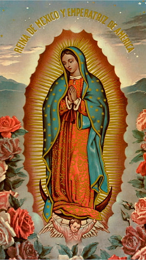 Virgin of Guadalupe Religious Art with Roses and Angel HD phone wallpaper