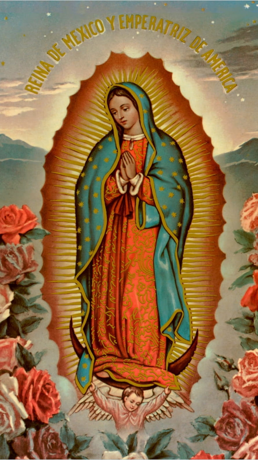 Virgin of Guadalupe Religious Art with Roses and Angel HD phone wallpaper