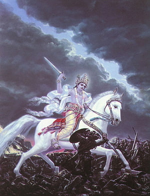 Kalki Avatar on White Horse in Epic Battle Scene with Sword Raised HD phone wallpaper