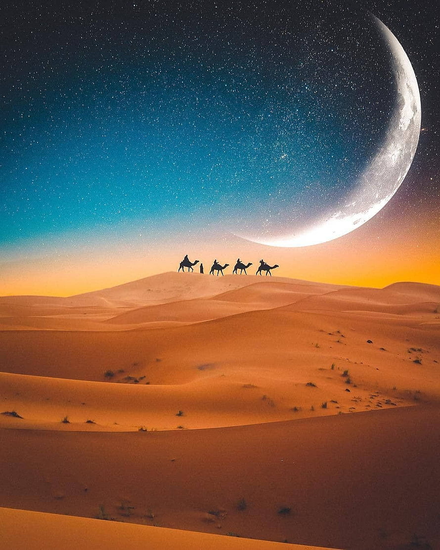 Sahara Desert Caravan Silhouetted Against a Giant Moon and Starry Night Sky HD phone wallpaper
