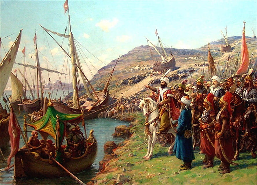 Fatih Sultan Mehmet II on White Horse at Ottoman Naval Landing HD wallpaper
